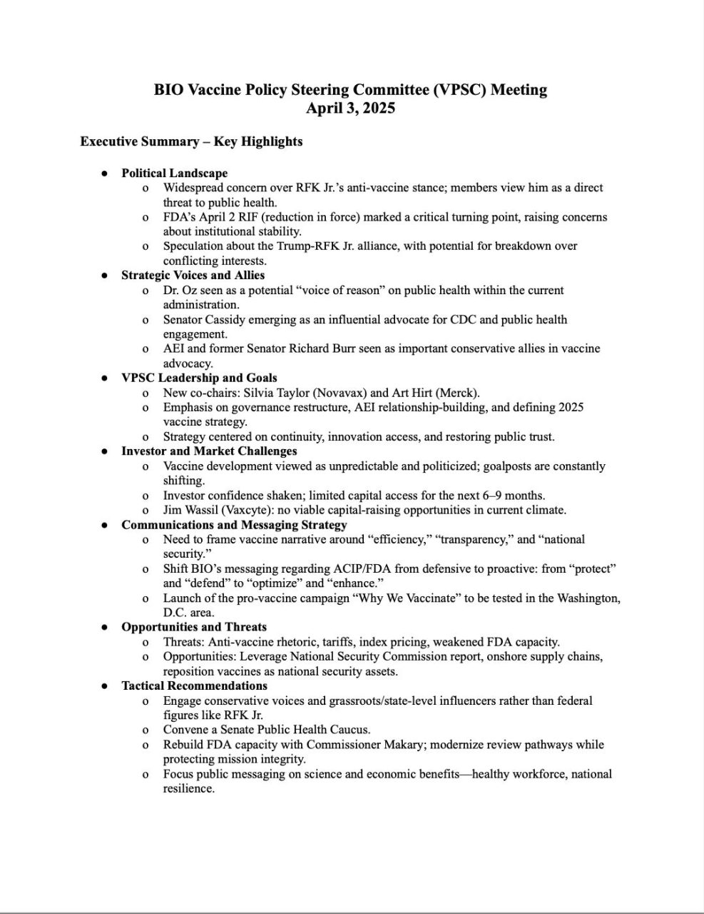 First page of Bio Vaccine Policy Steering Committee